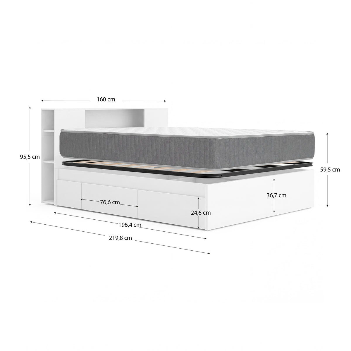 Pack poupança Casamento Cama compacta, Cabeceira Ten, Colchão viscoelástico e molas Aurea e Estrado de ripas 150 x 190 cm