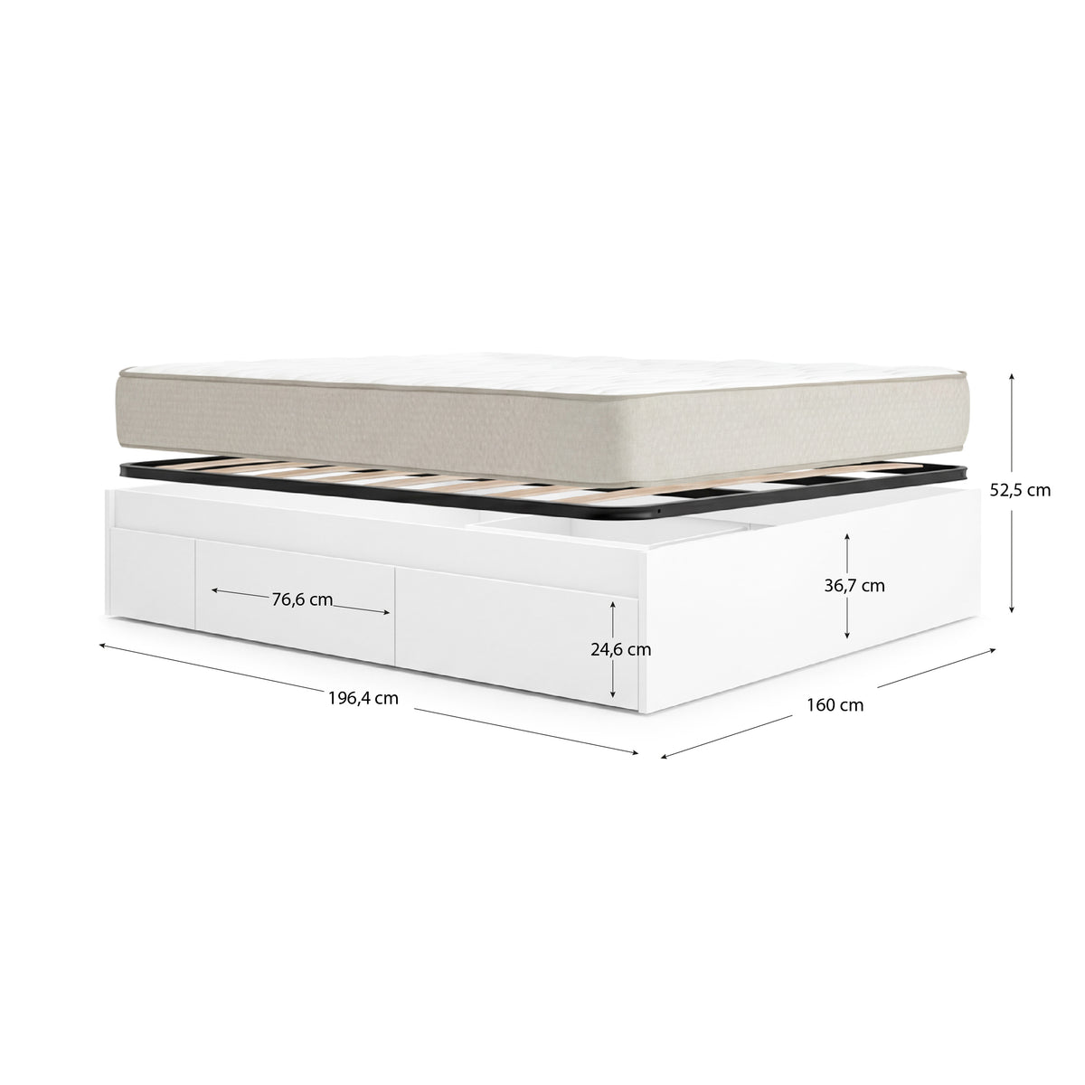 Pack poupança casamento Cama compacta Alice, Colchão viscoelástico Nova Plus e Estrado de ripas 150 x 190 cm