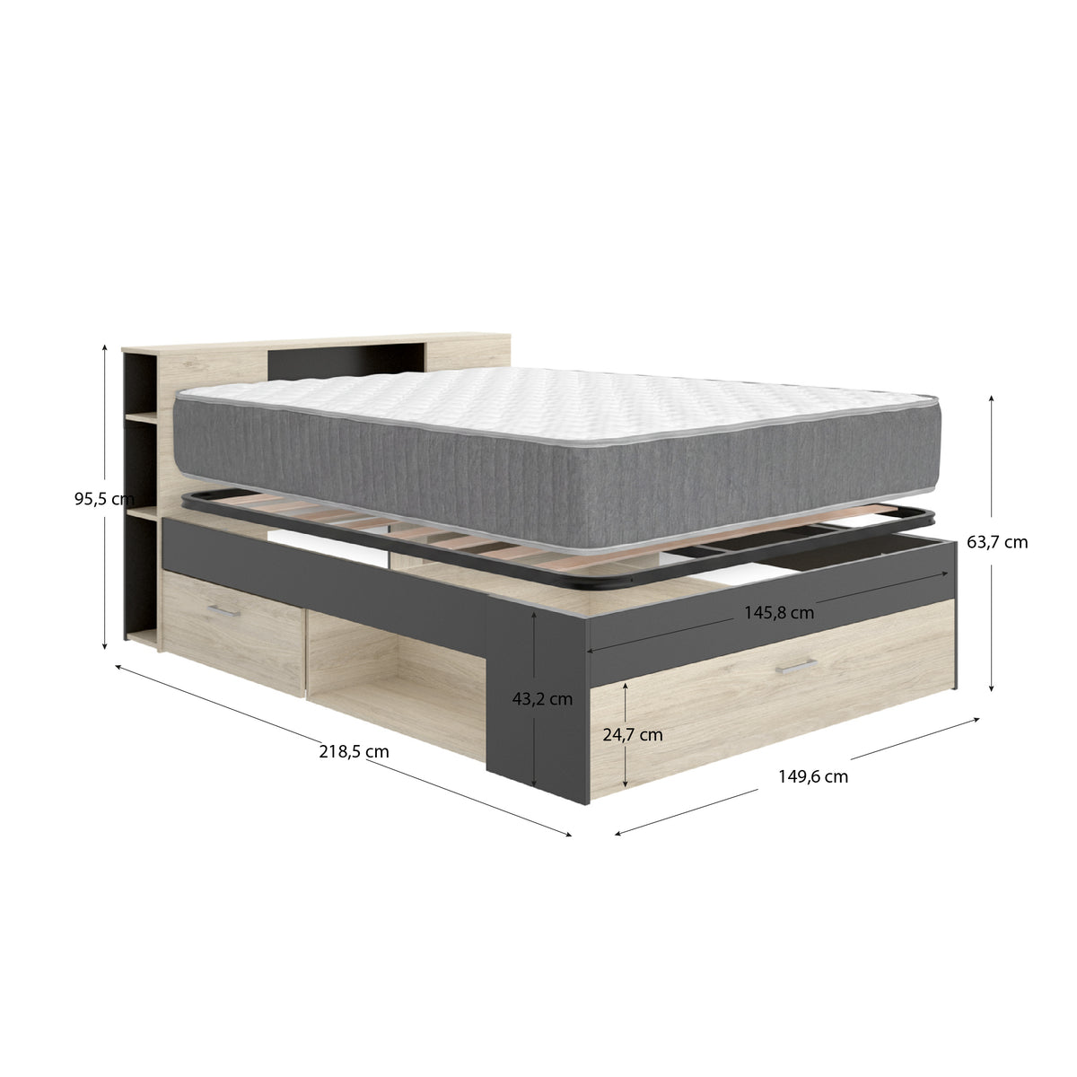 Pack poupança casamento Cama Lanka com cabeceira, Colchão Aurea e Estrado 135 x 190 cm
