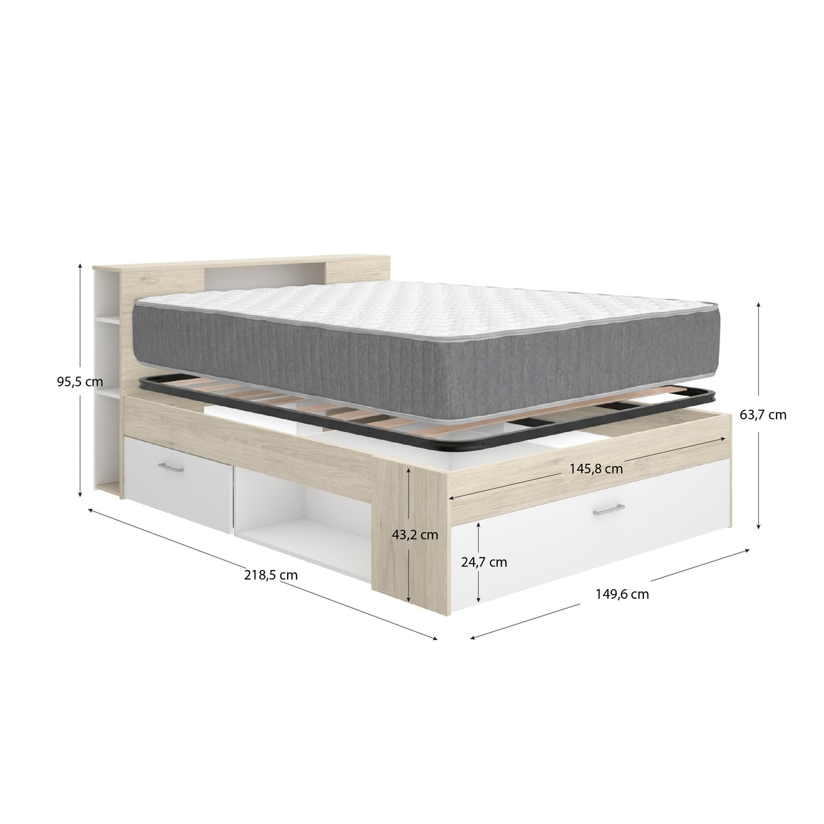 Pack poupança casamento Cama Lanka com cabeceira, Colchão Aurea e Estrado 135 x 190 cm