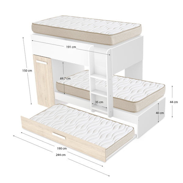 Pack poupança juvenil Beliche triplo Tom com 3 Colchões viscoelásticos Nova 90 x 190 cm
