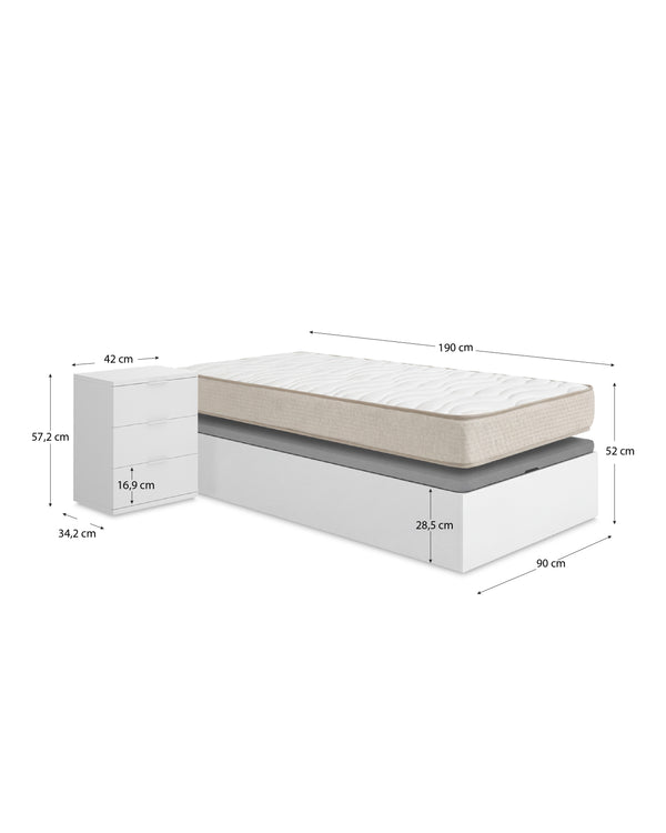 Pacote económico juvenil Sommier Nest com Colchão viscoelástico Nova Plus 90 x 190 cm e Mesa de cabeceira Rio