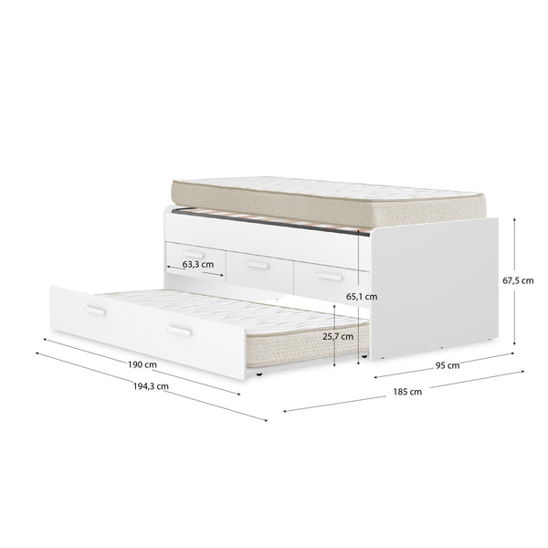 Pack poupança juvenil Cama auxiliar Leka com 3 gavetas, 1 Estrado e 2 Colchões viscoelásticos Nova 90 x 190 cm