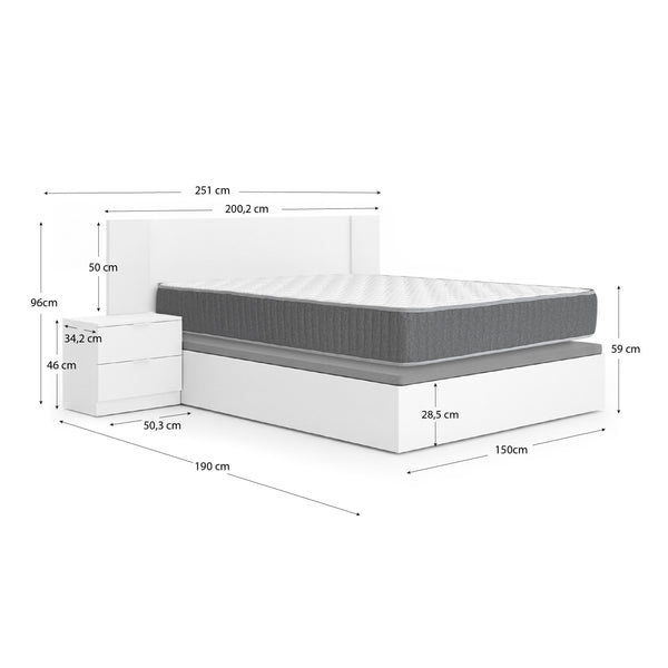 Pacote de poupança Casamento Cabeceira com duas Mesinhas Len, Estrado rebatível com Colchão Aurea 150 x 190 cm