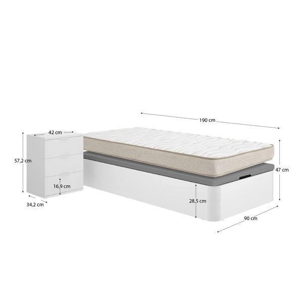 Conjunto económico juvenil Canapé Round com Colchão viscoelástico Nova 90 x 190 cm e Mesa de cabeceira Rio