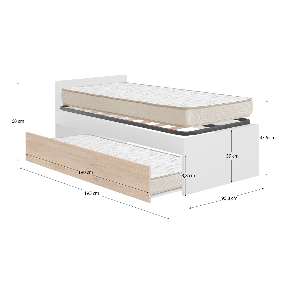 Pack poupança juvenil Cama auxiliar com Cabeceira Top, 1 Estrado e 2 Colchões viscoelásticos Nova 90 x 190 cm
