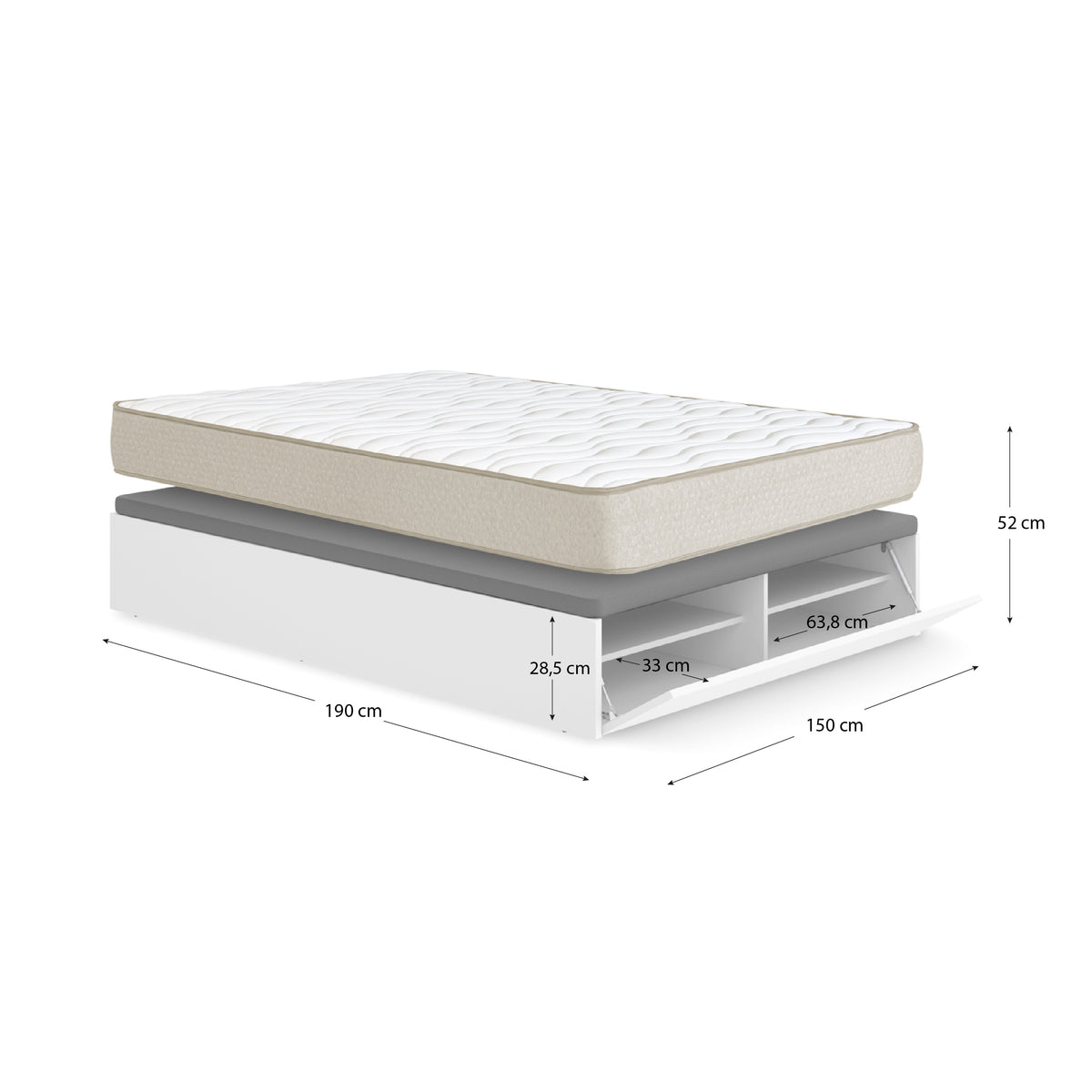 Pack poupança casal Canapé com sapateira Lan e Colchão viscoelástico Nova Plus 150 x 190 cm
