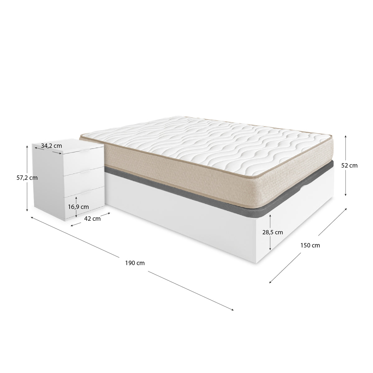 Pack poupança casal: Canapé Nest, 2 Mesas de cabeceira e Colchão viscoelástico Nova Plus 150 x 190 cm