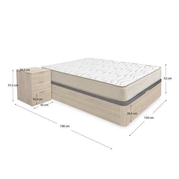 Pacote poupança casamento Canapé Redondo, 2 Mesas de cabeceira e Colchão viscoelástico Nova Plus 150 x 190 cm