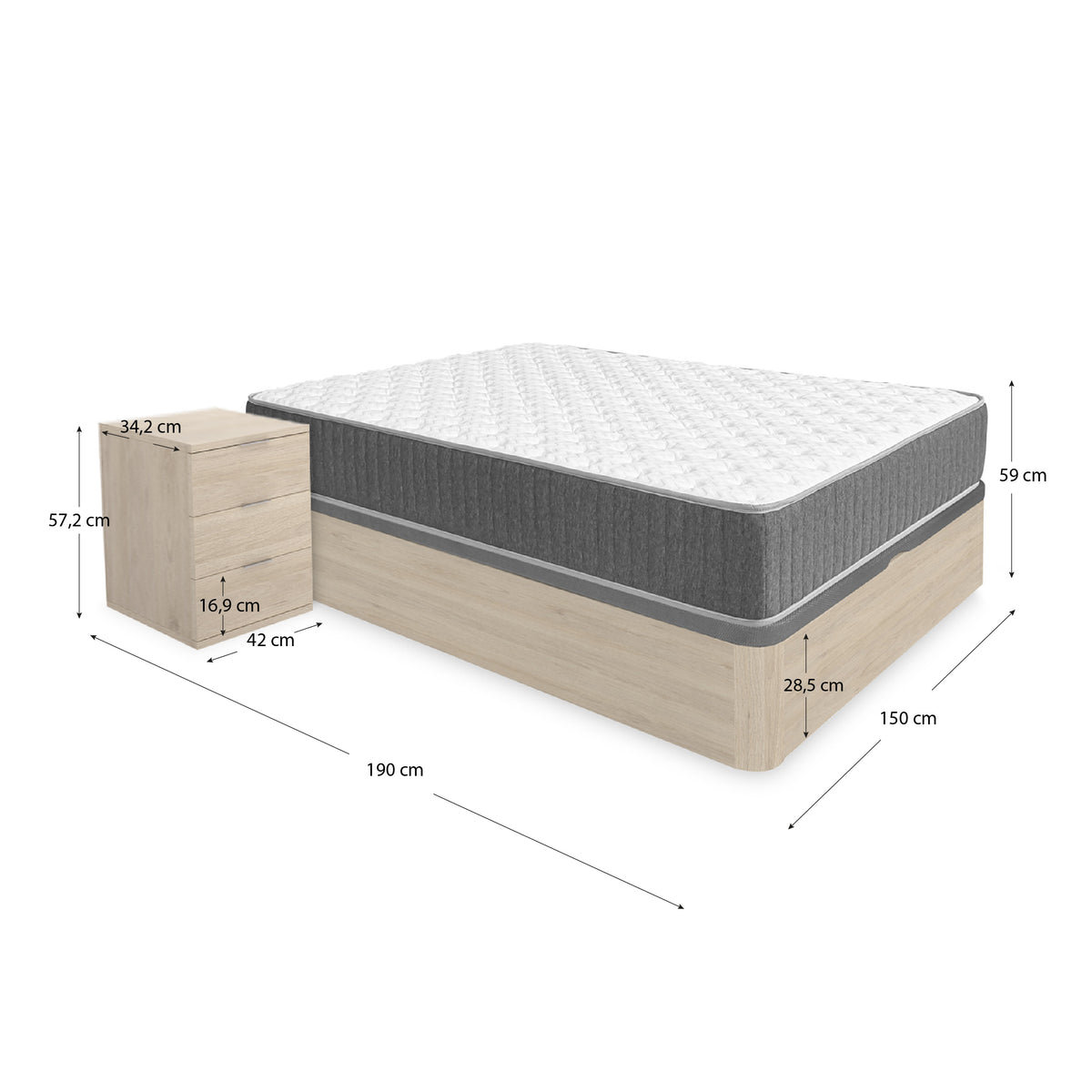 Pacote de poupança para casamento Canapé Round, 2 Mesas de cabeceira e Colchão viscoelástico e molas Aurea 150 x 190 cm