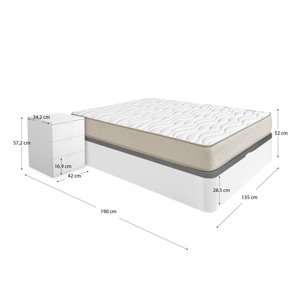 Pack poupança Casamento Canapé Round, 2 Mesas de Cabeceira e Colchão Viscoelástico Nova Plus 135 x 190 cm