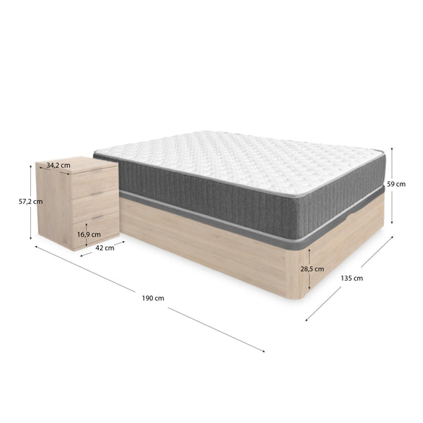 Pack poupança casamento Sommier Round, 2 Mesas de Cabeceira e Colchão viscoelástico e molas Aurea 135 x 190 cm
