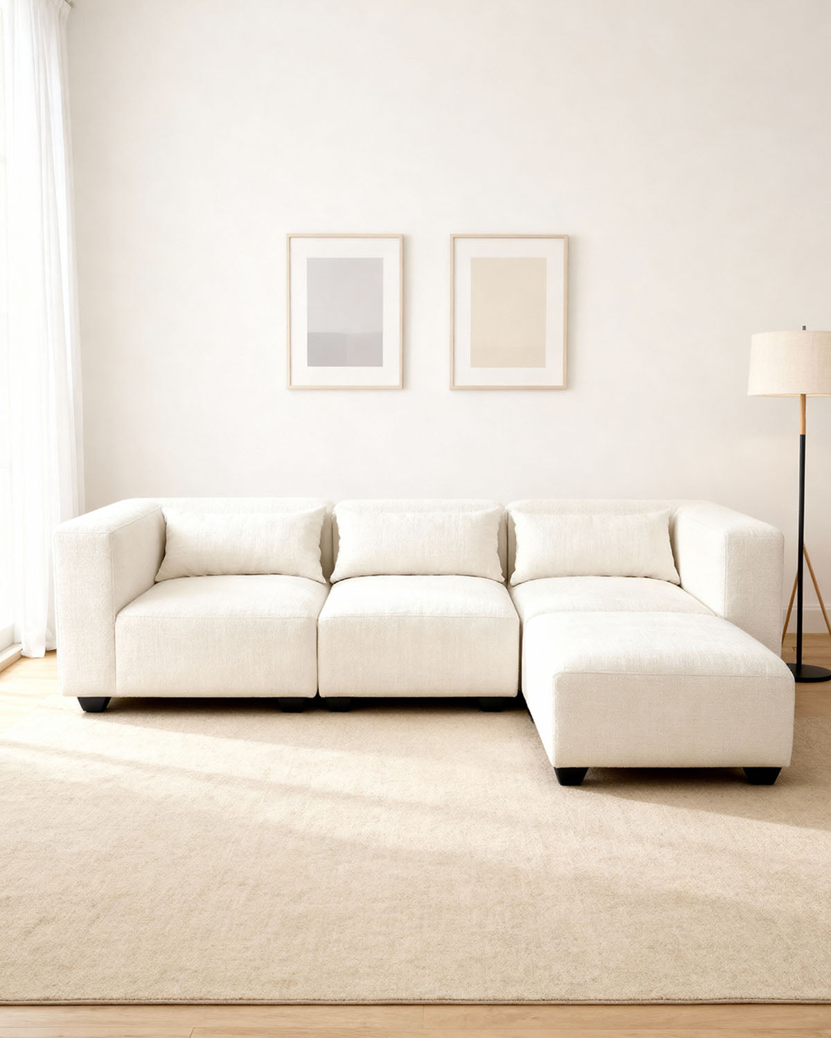 Sofá modular de três lugares Liza com apoio de pés