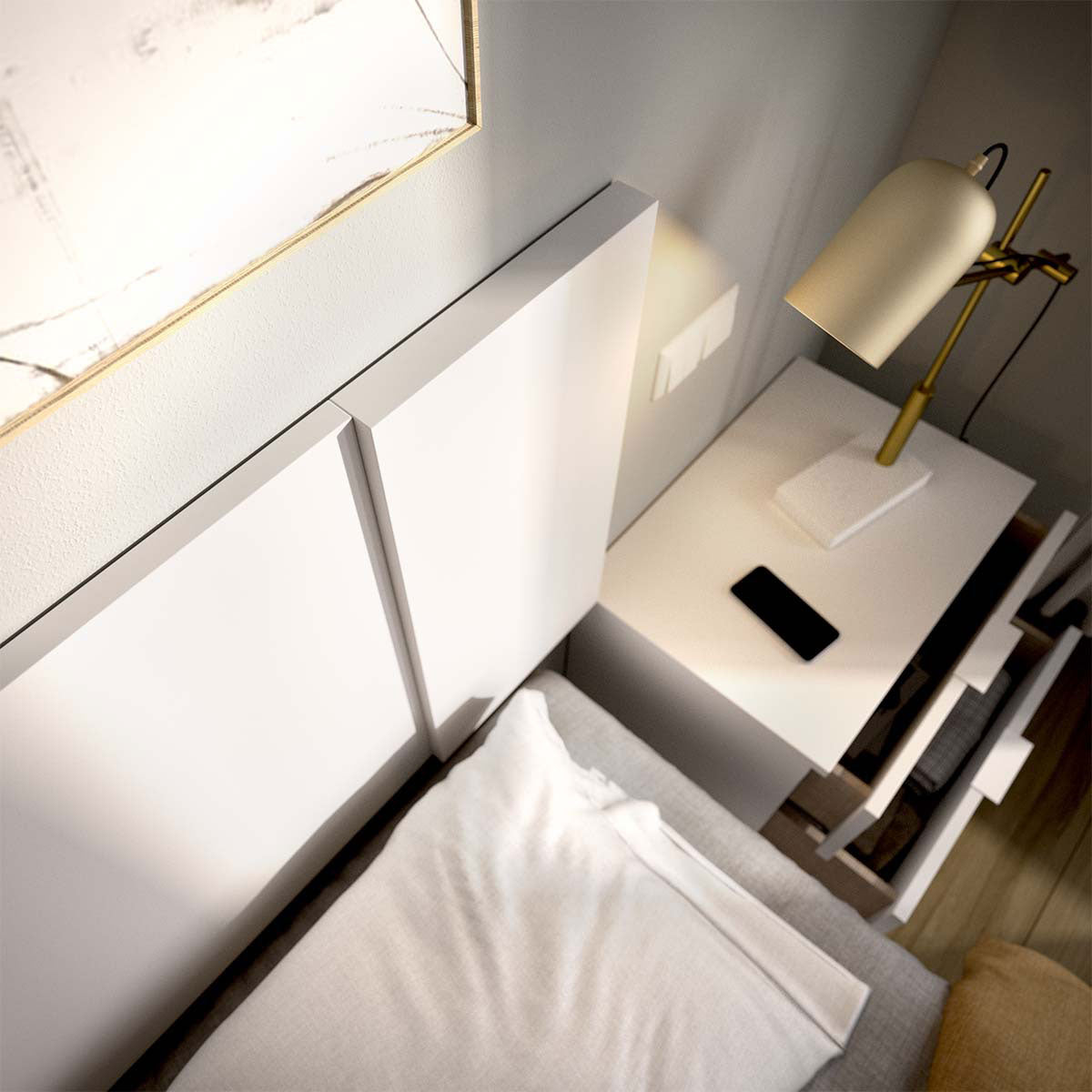 Pack poupança casal Canapé, Cabeceira com 2 Mesinhas Flow e Colchão viscoelástico Nova Plus 135 x 190 cm
