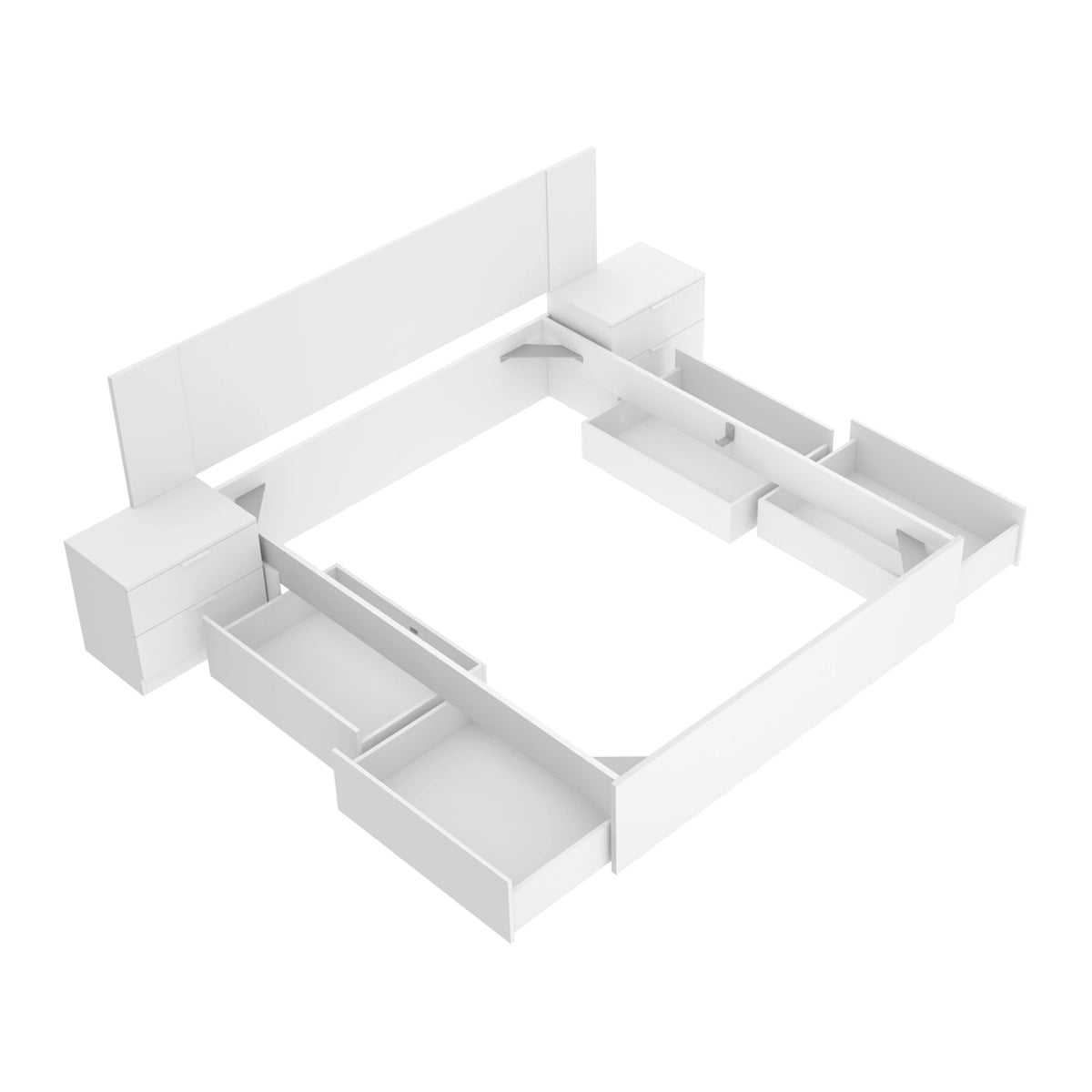 Pack poupança de casamento Cama compacta, Cabeceira e 2 Mesinhas de cabeceira Len, Colchão viscoelástico e de molas Aurea e Estrado de ripas 150 x 190 cm