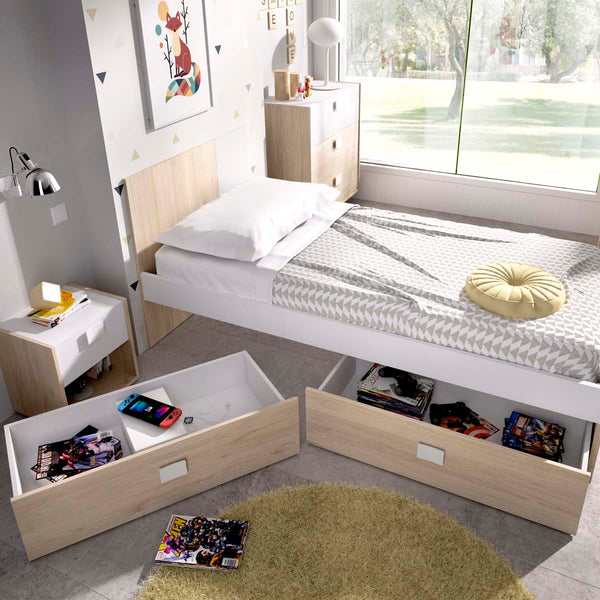 Cama individual com cabeceira e gavetas Dina