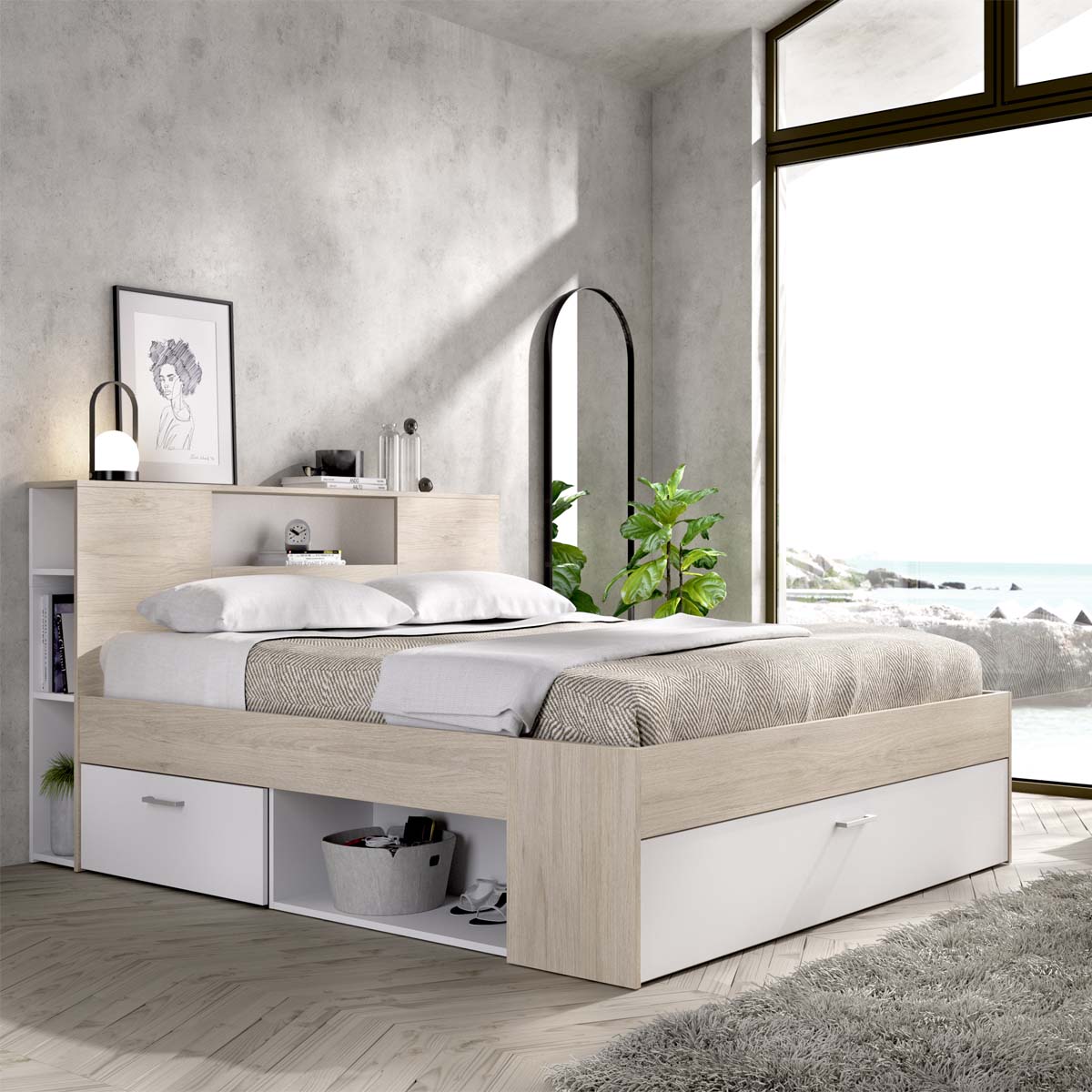 Cama de casal com cabeceira e arrumação Lanka