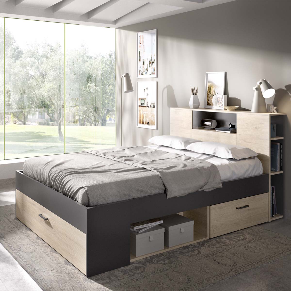 Cama de casal com cabeceira e arrumação Lanka