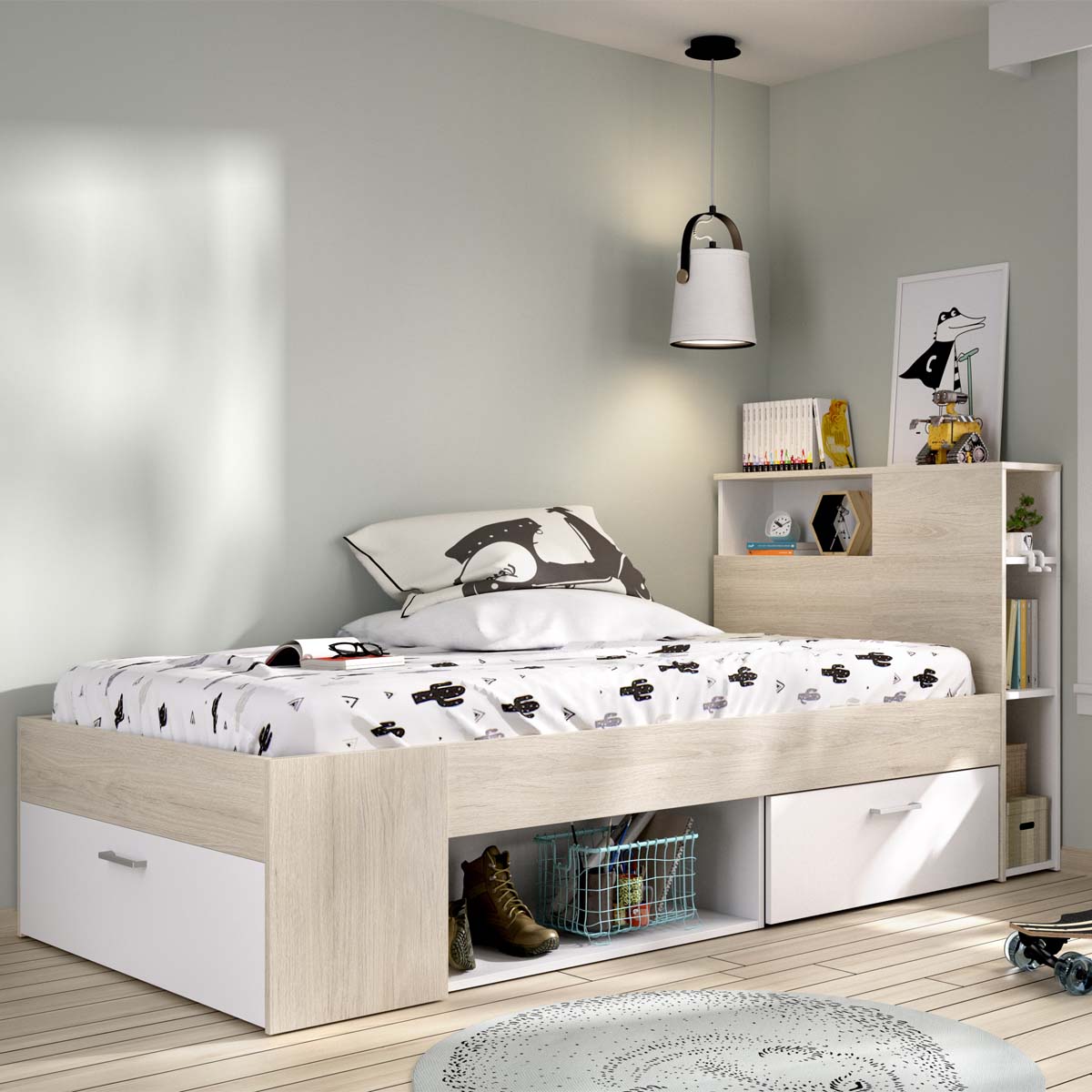 Cama individual com cabeceira e arrumação Lanka