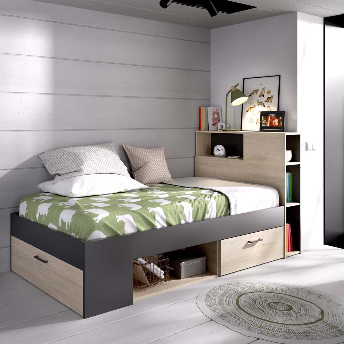Cama individual com cabeceira e arrumação Lanka