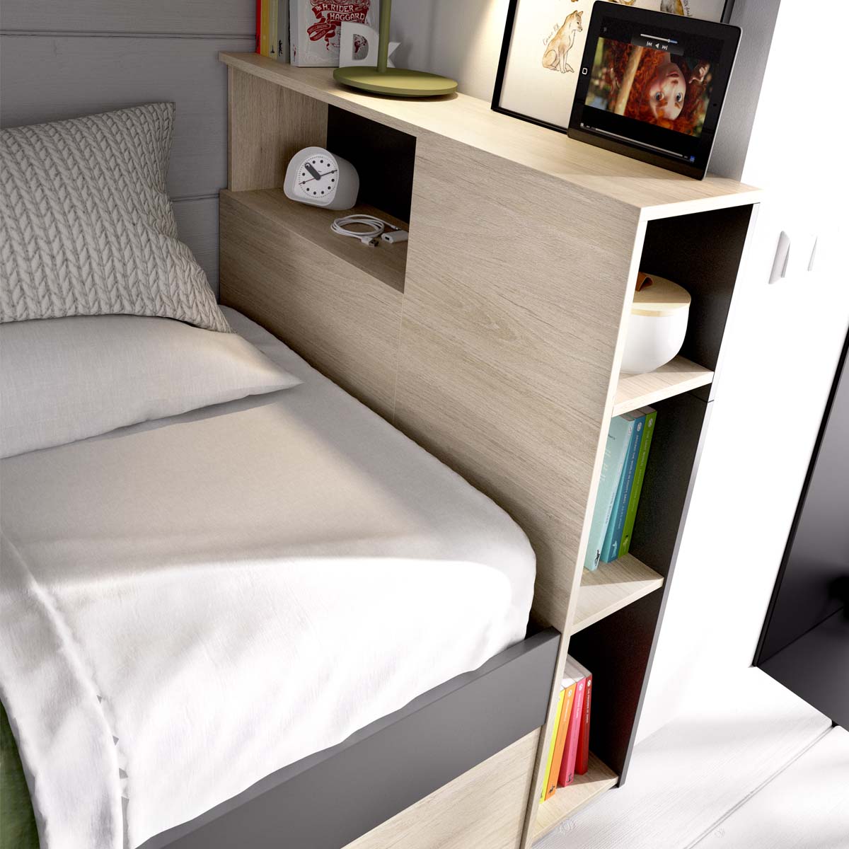 Cama individual com cabeceira e arrumação Lanka
