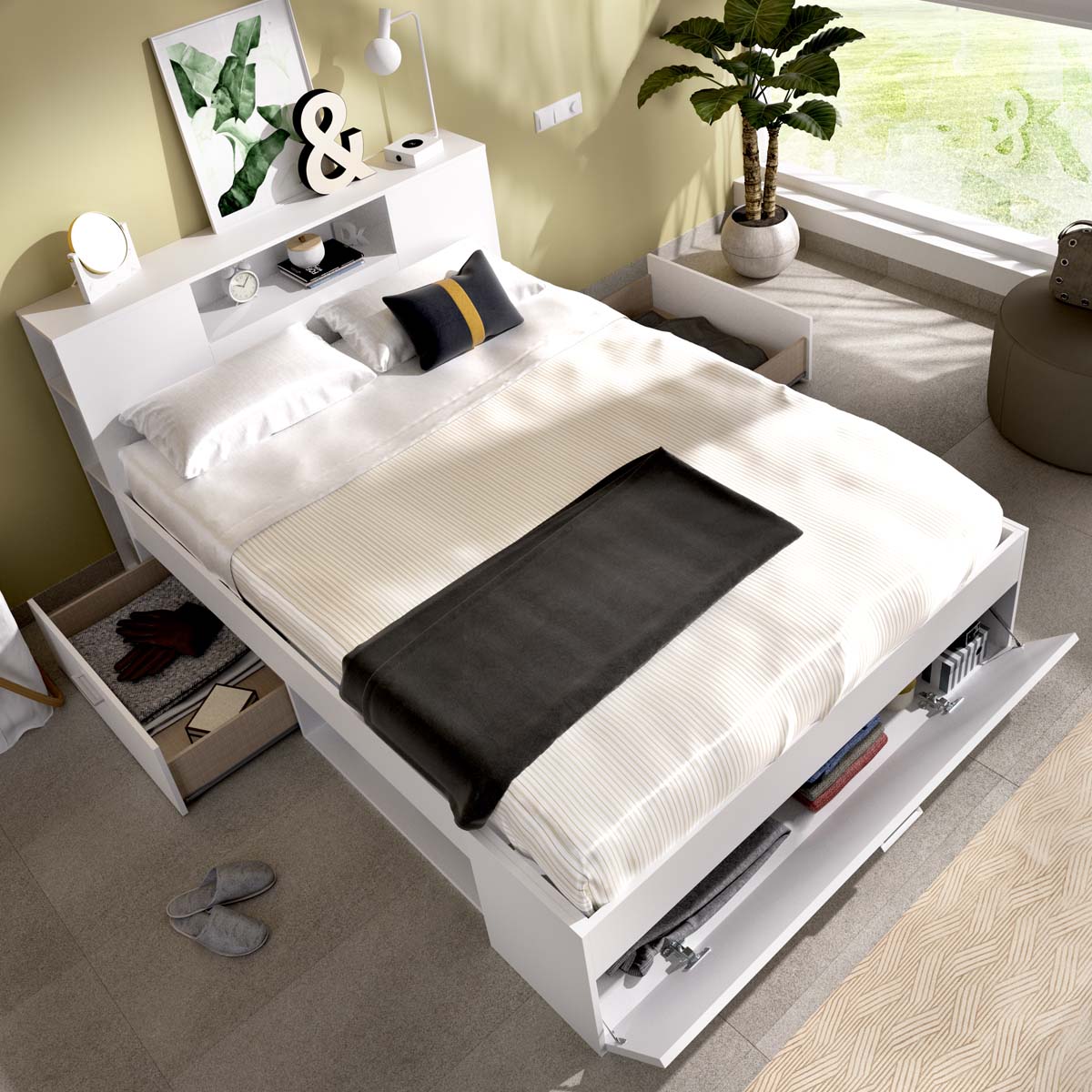 Pack de poupança para casal Cama Lanka com cabeceira, Colchão Nova Plus e Estrado de 135 x 190 cm