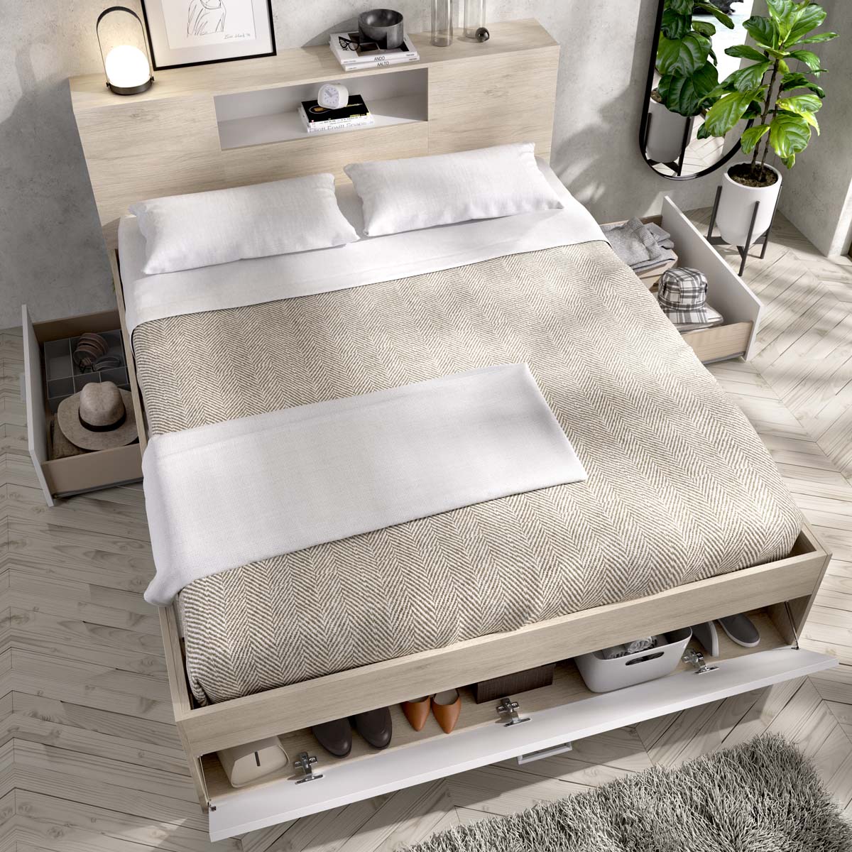 Cama de casal com cabeceira e arrumação Lanka