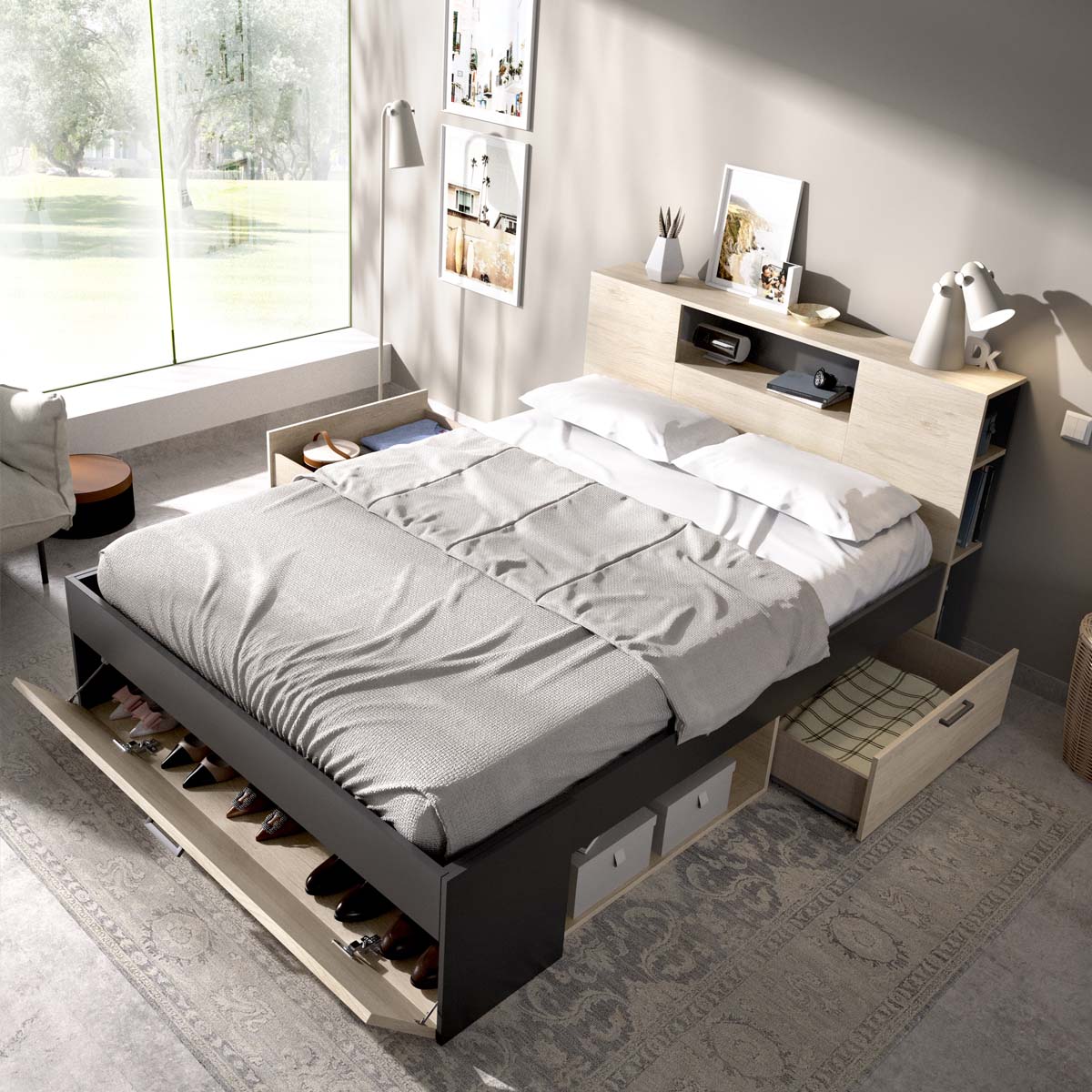 Cama de casal com cabeceira e arrumação Lanka