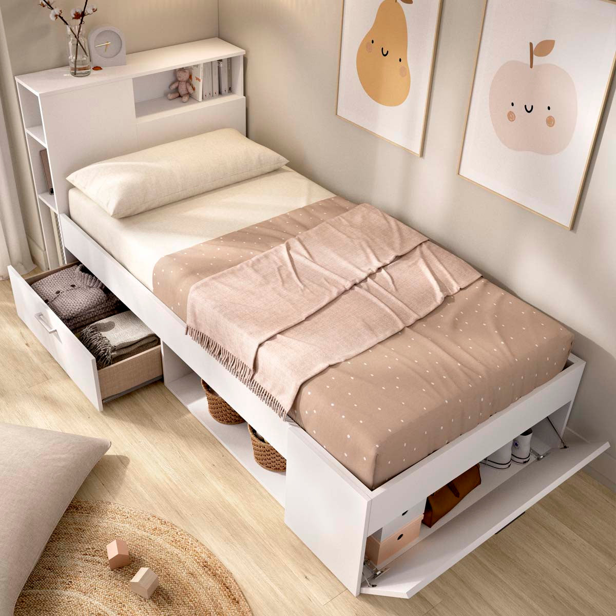 Cama individual com cabeceira e arrumação Lanka