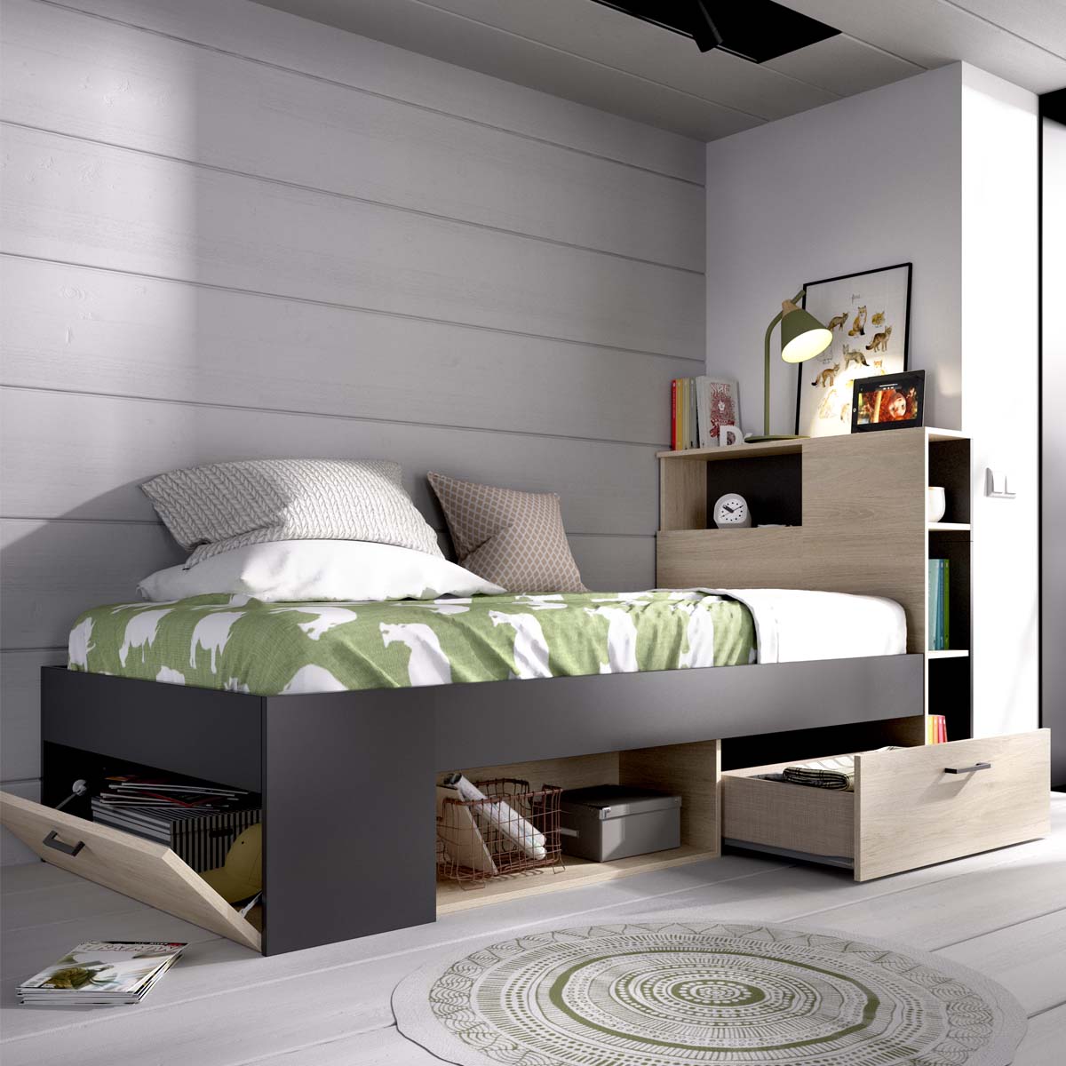 Cama individual com cabeceira e arrumação Lanka