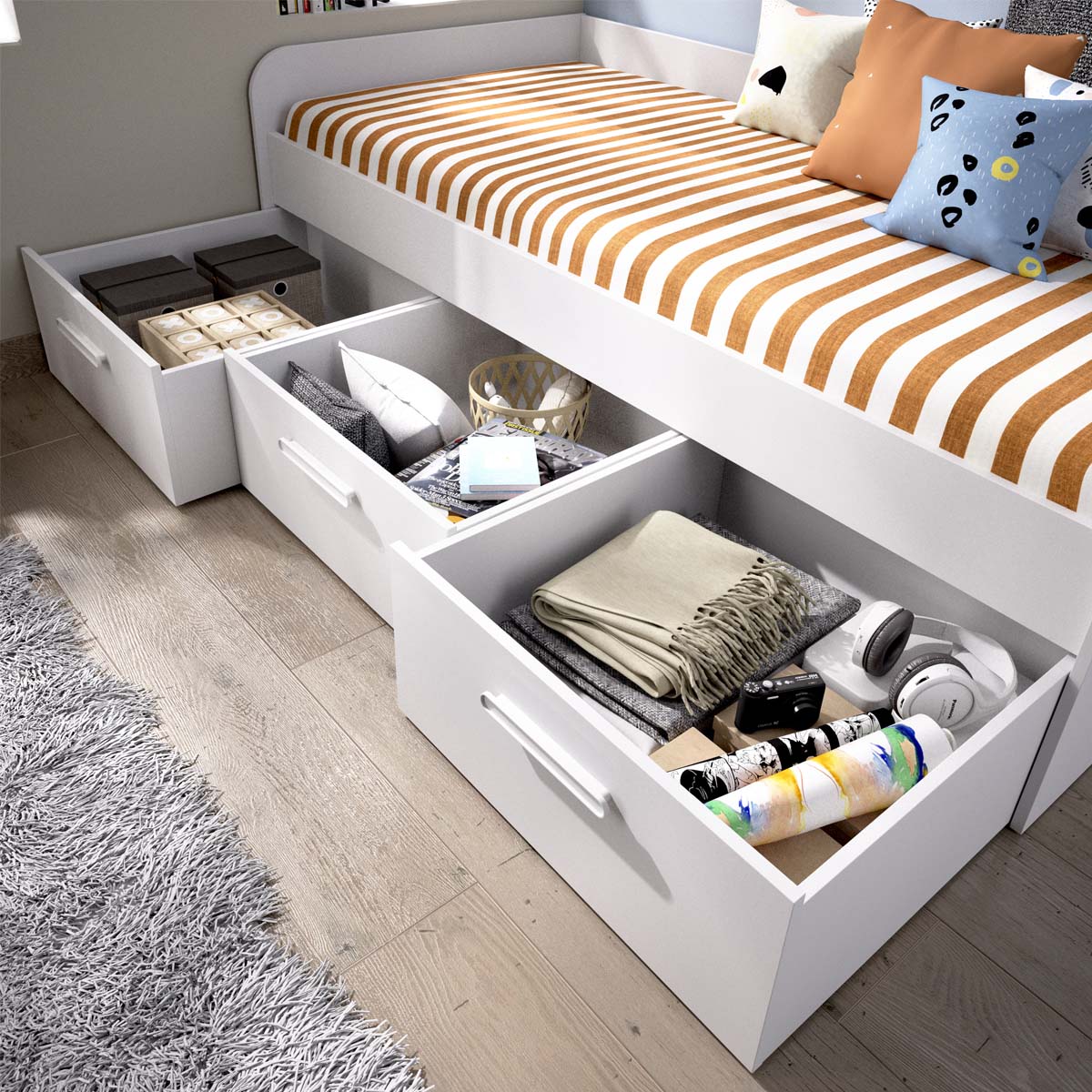 Cama individual com gavetas Mek