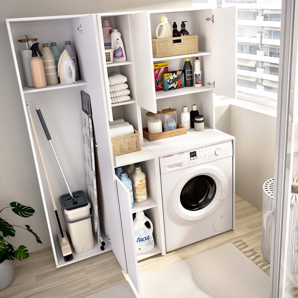 Armario para lavadora con modulo alto y columna multiusos Fit