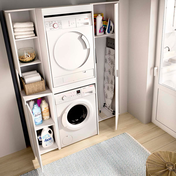 Armario lavadora secadora con modulo alto, modulo bajo y columna auxiliar 1 puerta Fit
