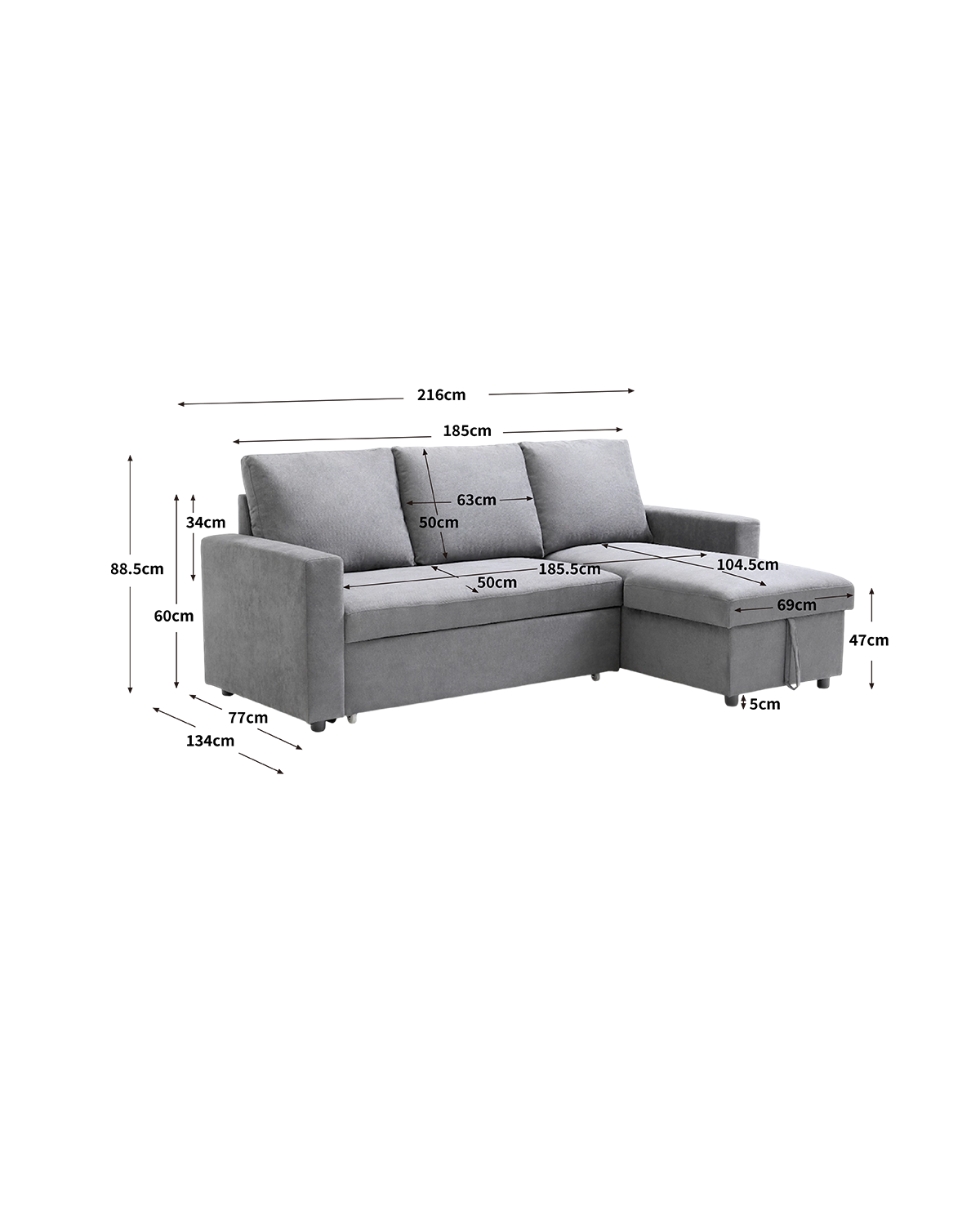 Sofá-cama com chaise longue reversível e arrumação Ivy