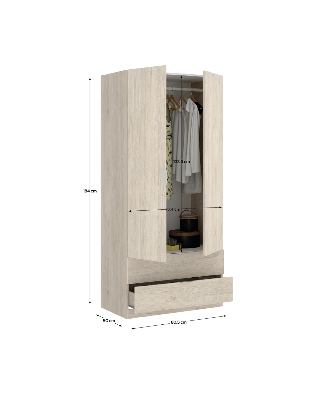 Roupeiro de portas de batente e gavetas Essen