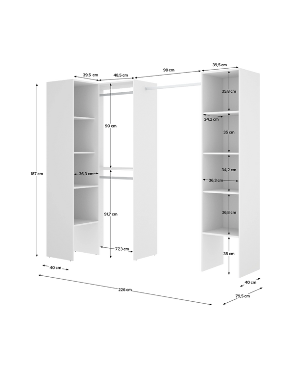 Armário-closet de canto ajustável com duas colunas Suit