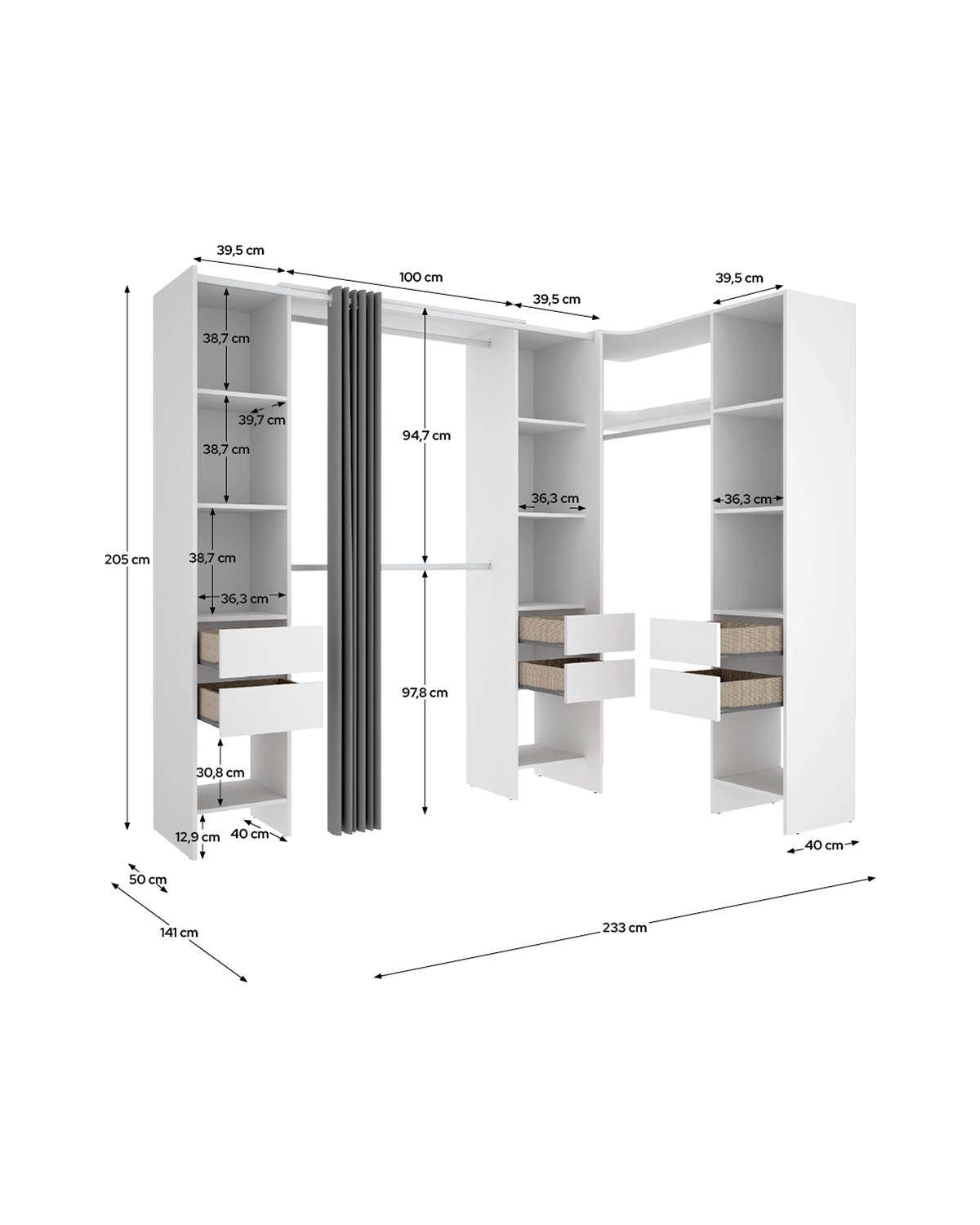 Roupeiro de canto regulável com três colunas e cortina Suit