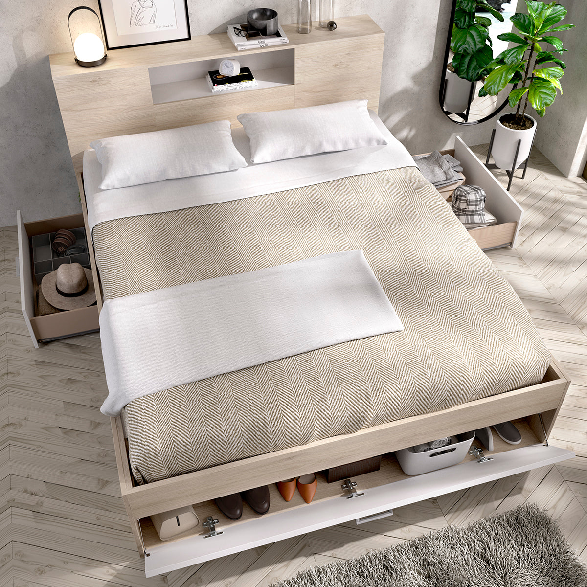 Pack poupança casal Cama Lanka com cabeceira, Colchão Nova Plus e Estrado de 135 x 190 cm