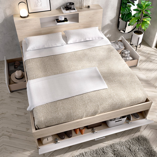 Pack poupança casal Cama Lanka com cabeceira, Colchão Nova Plus e Estrado de 135 x 190 cm