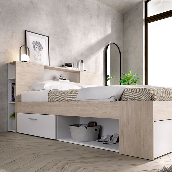 Pack poupança casal Cama Lanka com cabeceira, Colchão Nova Plus e Estrado de 135 x 190 cm