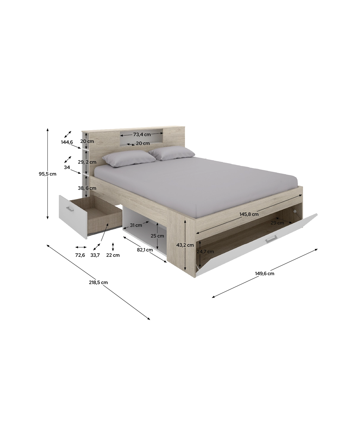 Cama de casal com cabeceira e arrumação Lanka
