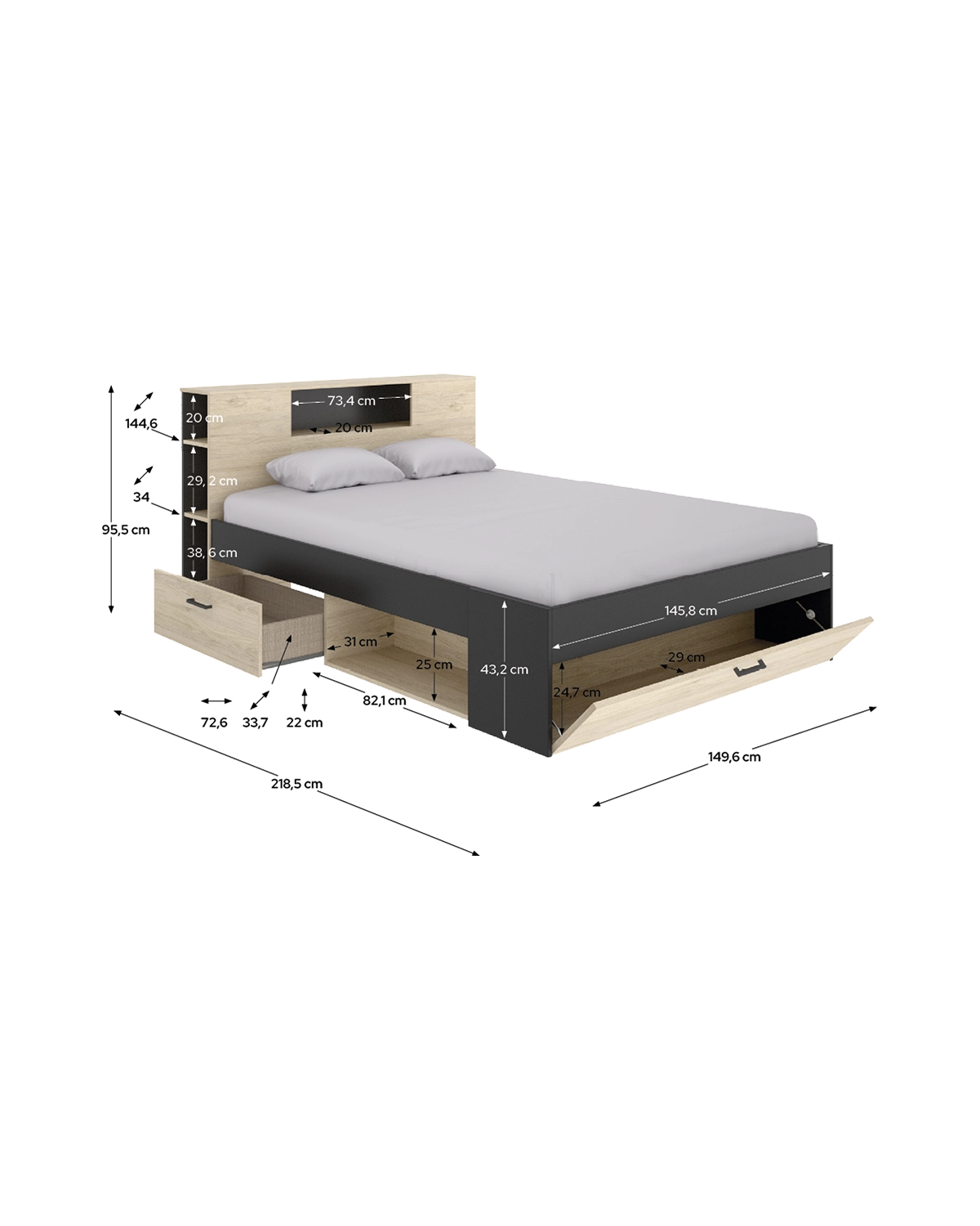 Cama de casal com cabeceira e arrumação Lanka