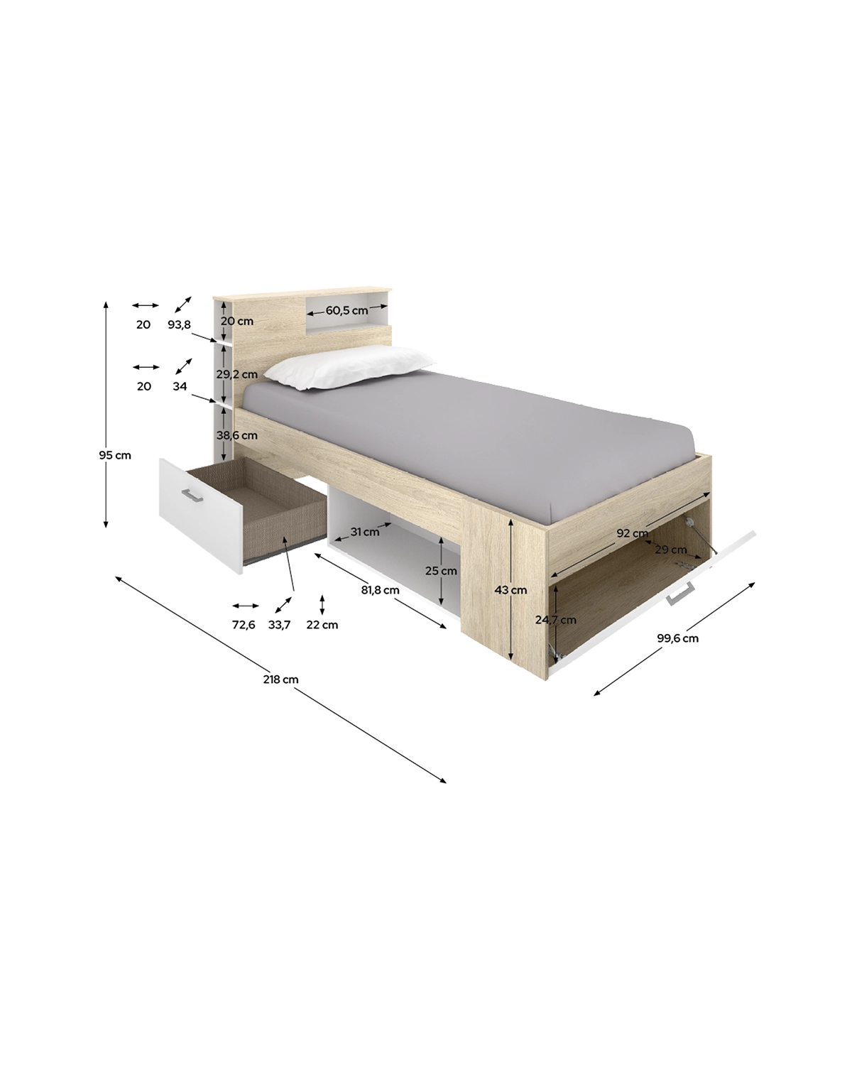 Cama individual com cabeceira e arrumação Lanka