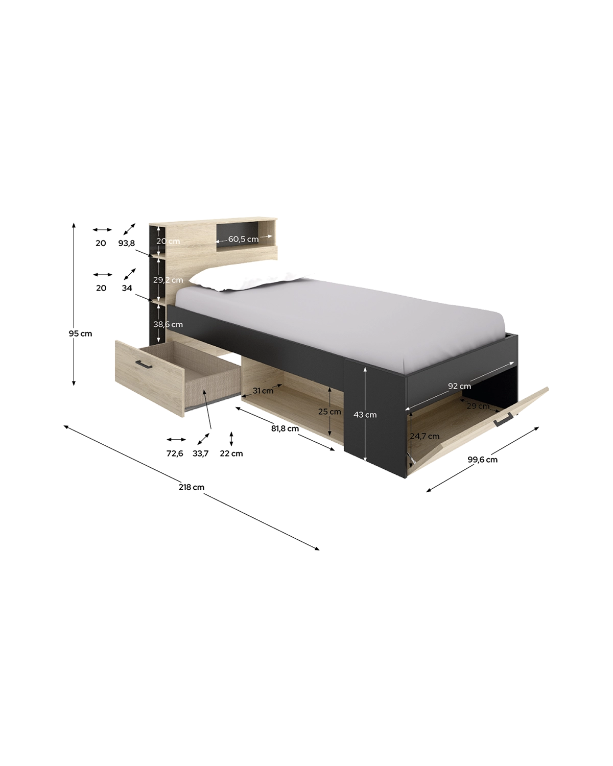 Cama individual com cabeceira e arrumação Lanka
