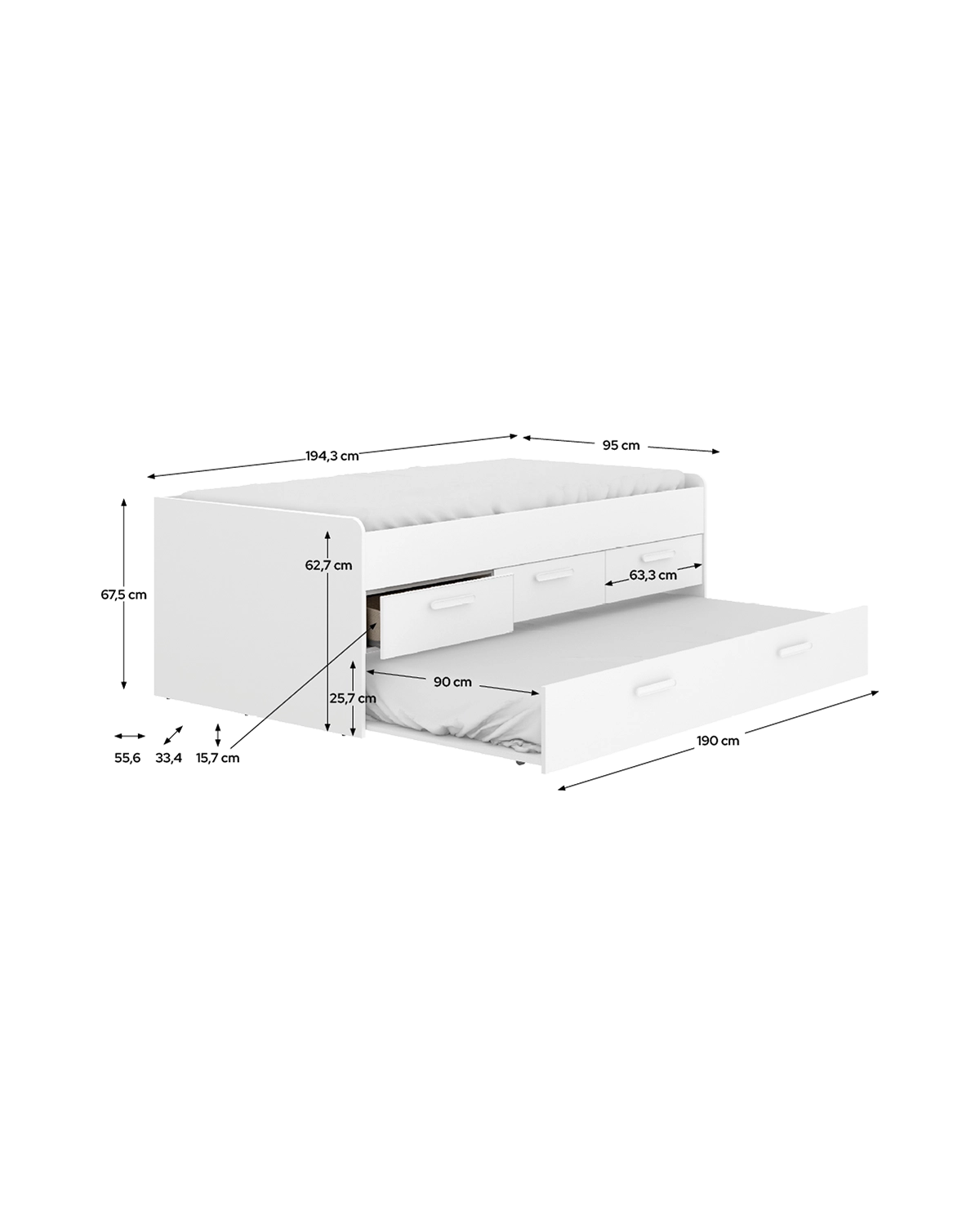 Cama de arrumação com três gavetas Leka