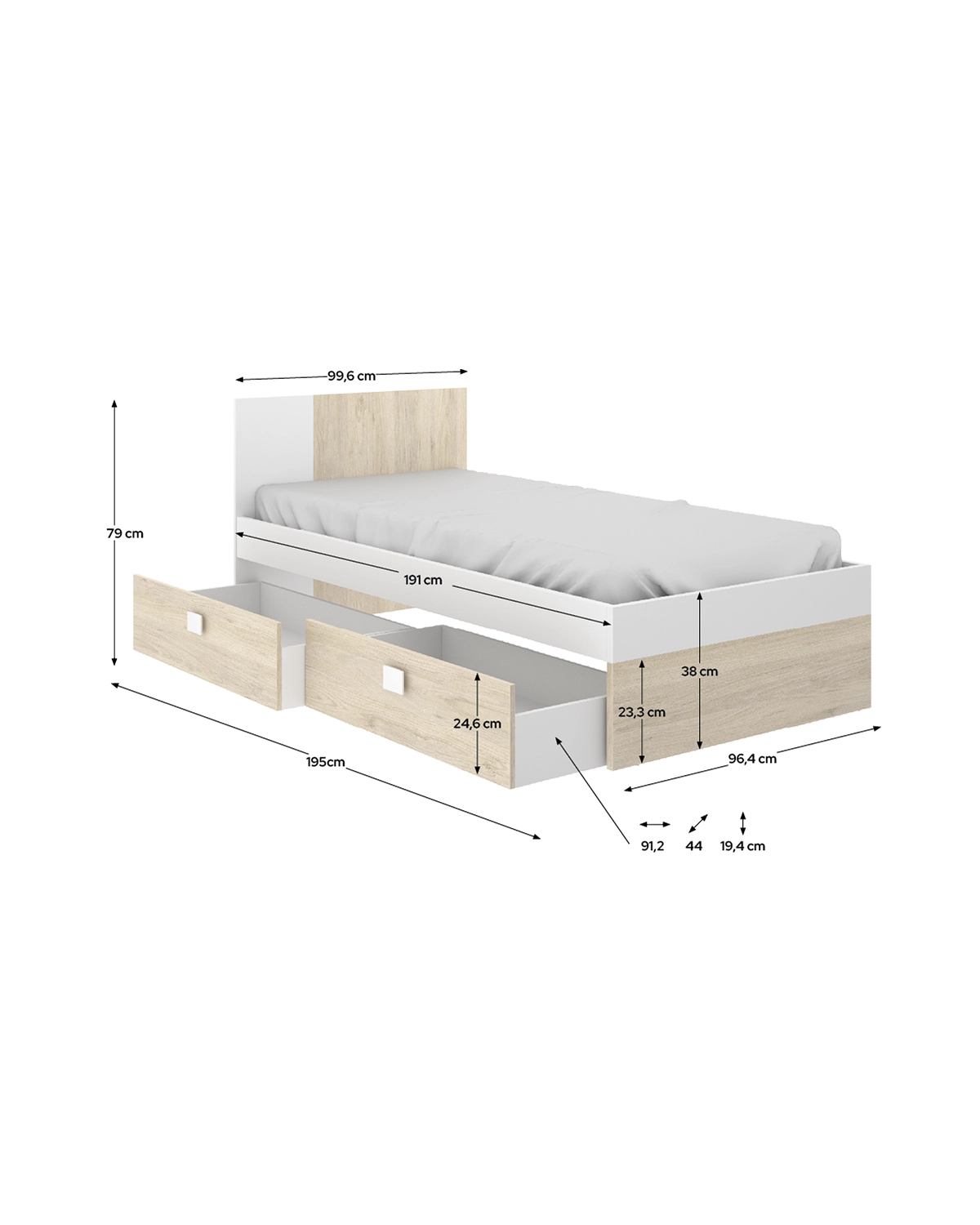Cama individual com cabeceira e gavetas Dina