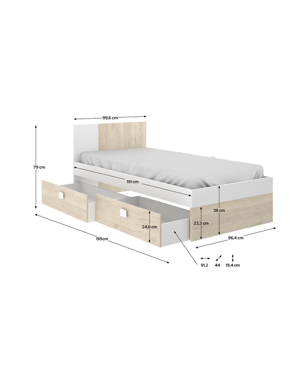 Cama individual com cabeceira e gavetas Dina