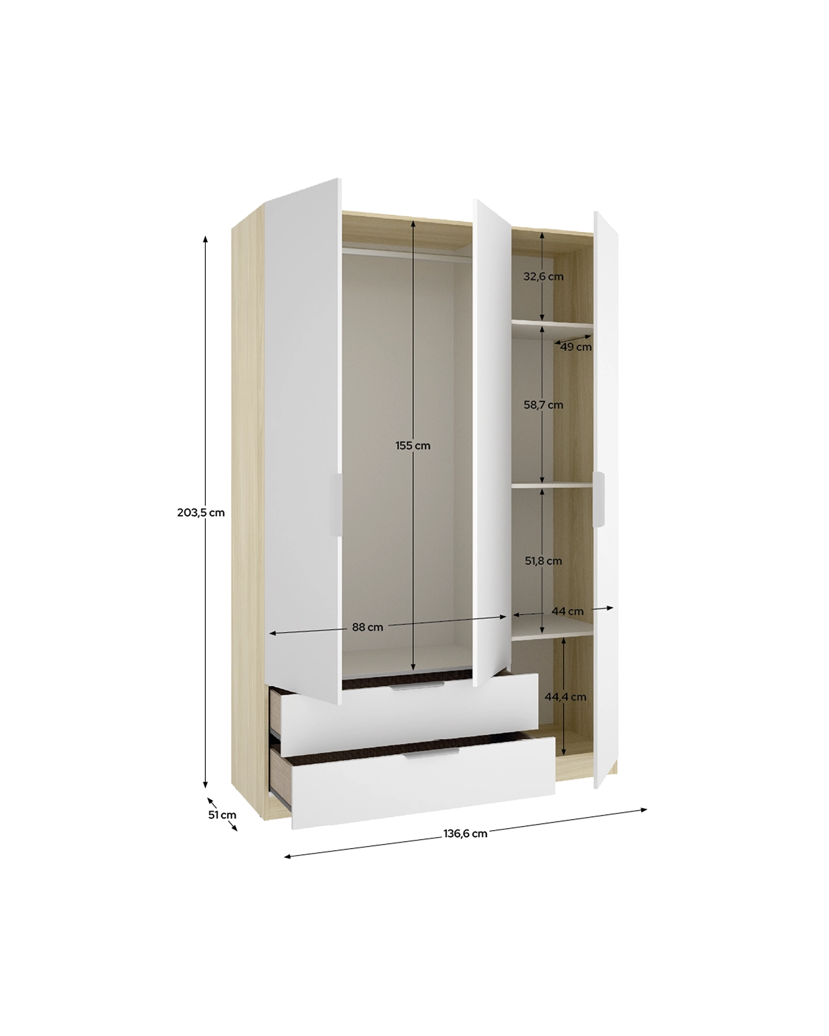 Roupeiro com portas de batente e gavetas Emax