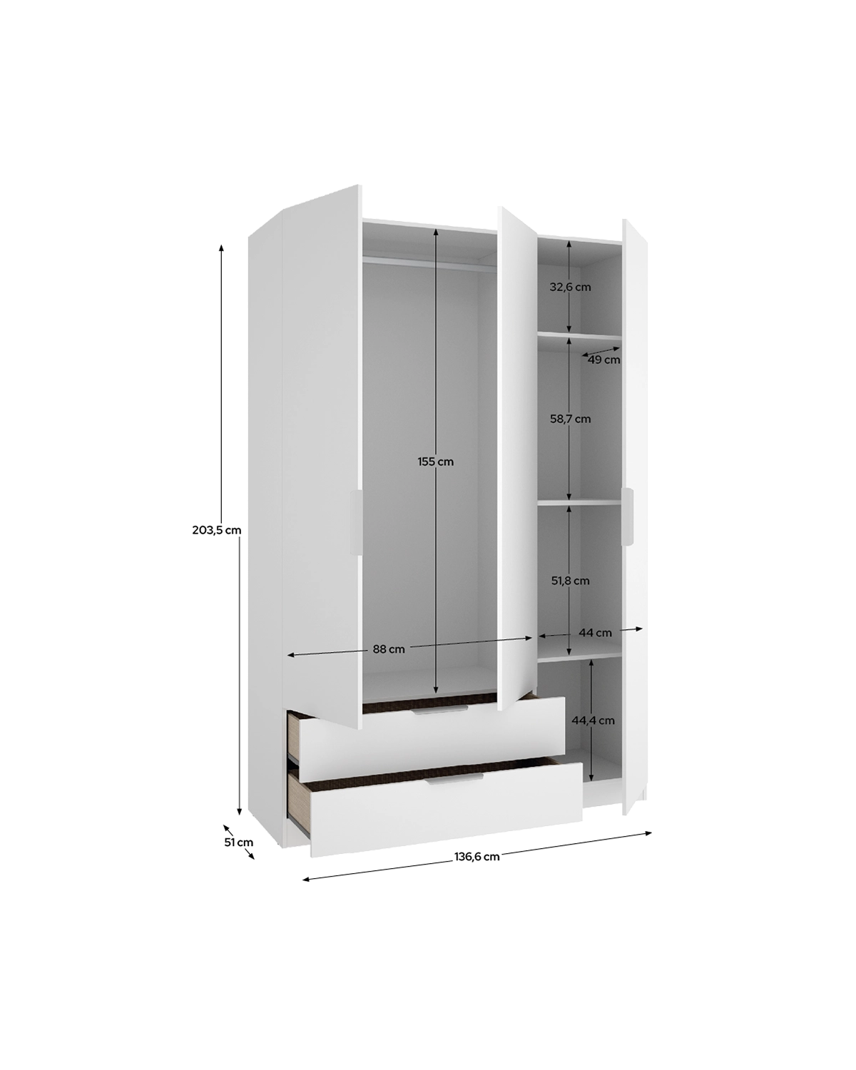 Roupeiro com portas de batente e gavetas Emax