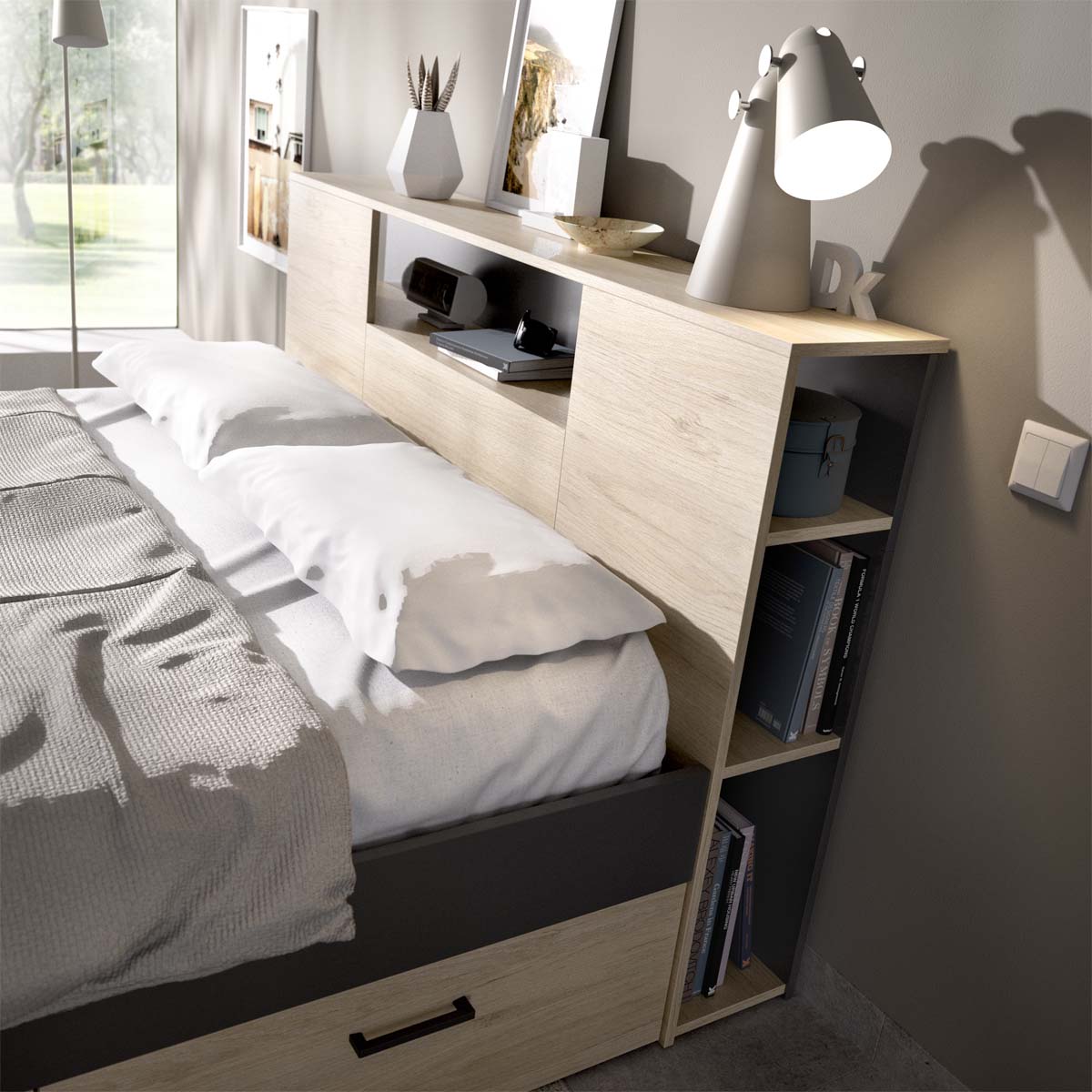 Cama de casal com cabeceira e arrumação Lanka